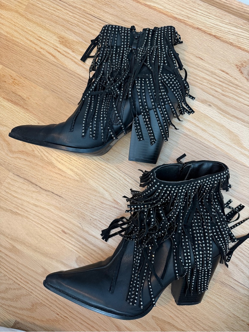 Black Studded Fringe Ankle Boots - Women